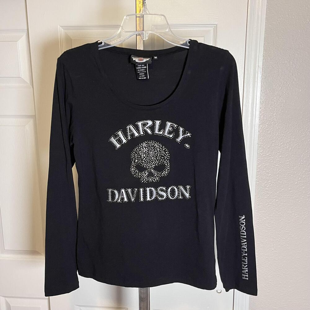 Harley-Davidson Top Womens Medium Black Rhinestone Skull Long Sleeve Y2K Biker